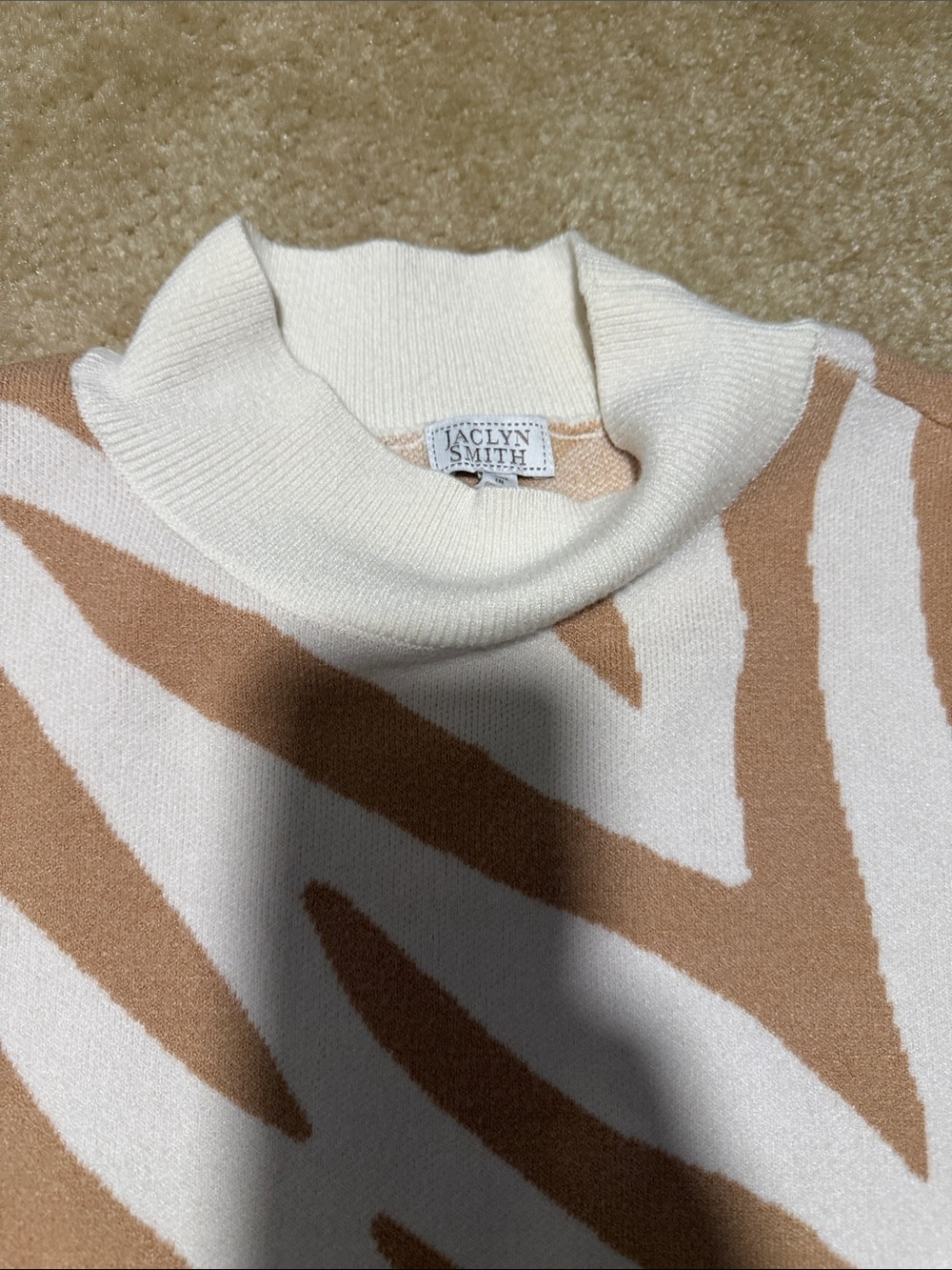 Jaclyn Smith Cream and Tan Abstract Cowl Neck Sweater